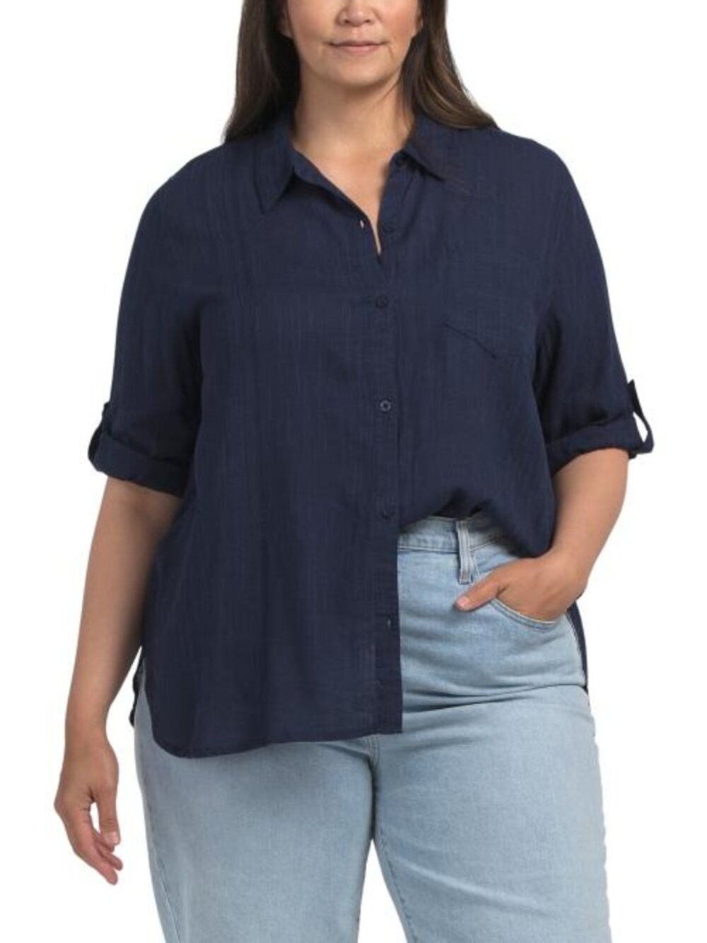 DASH Plus Gauze Roll Tab Sleeve Button Front Shirt